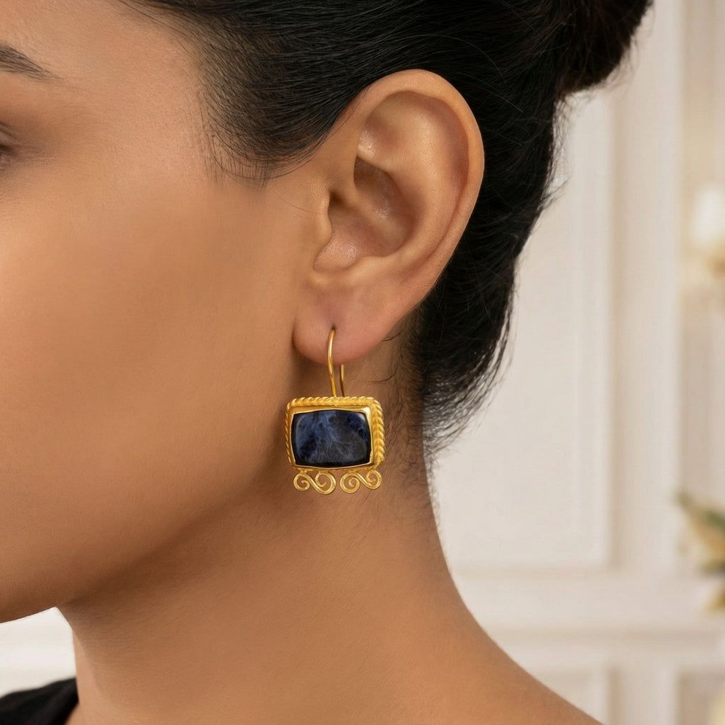 Designer handmade sodalite dangle earrings in 925 silver with 24k gold plating, Ancient Greek inspired Turkish jewelry gift by Sultan