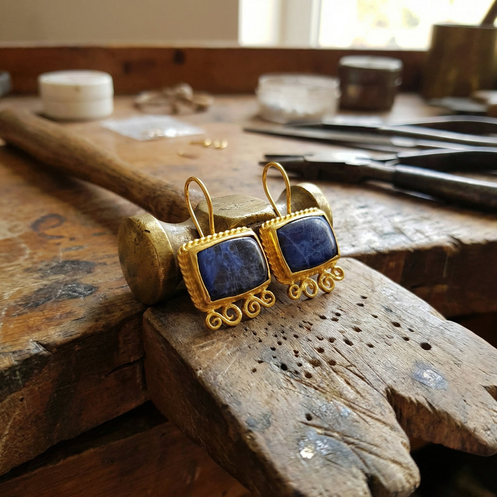 Large sodalite gemstone earrings in 925 sterling silver with gold plating, handcrafted Turkish artisan jewelry gift by designer Sultan Bodrum
