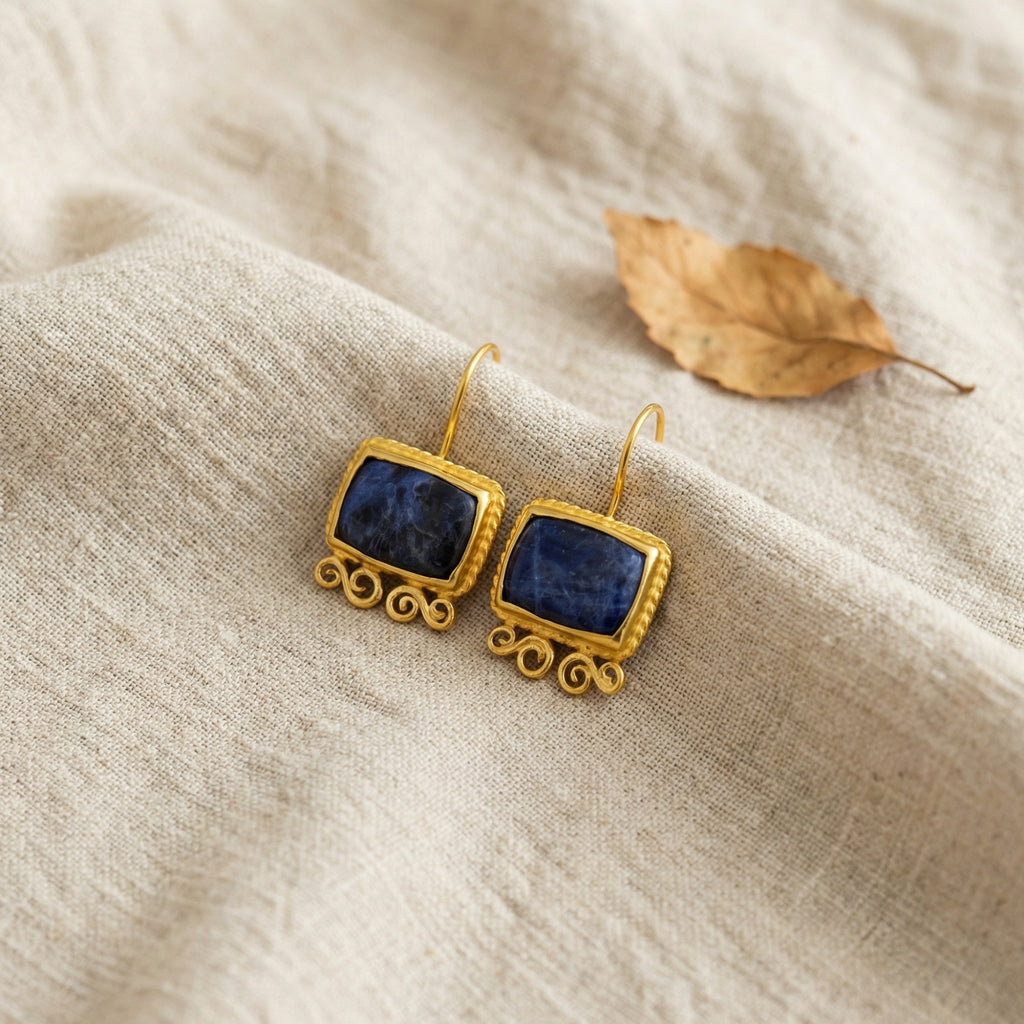 Large sodalite gemstone earrings in 925 sterling silver with gold plating, handcrafted Turkish artisan jewelry gift by designer Sultan Bodrum