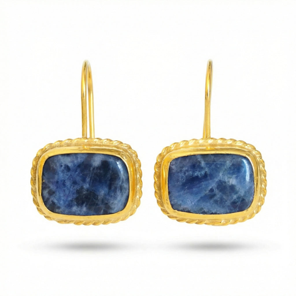 Handmade sodalite dangle earrings in 925 sterling silver with gold plating, artisan jewelry by Sultan Yilmaz Bodrum featuring natural blue gemstones
