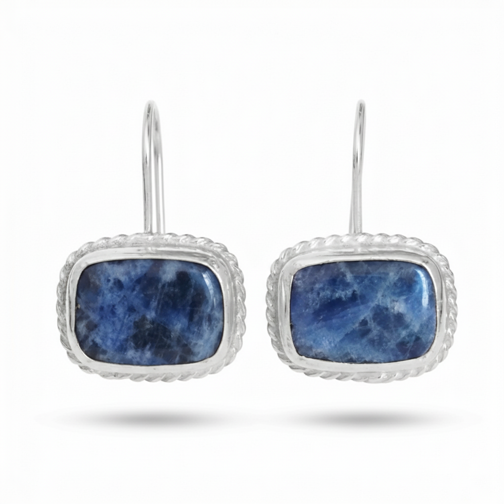 Turkish sodalite earrings in 925 sterling silver with ancient Roman inspired design, handcrafted artisan jewelry by Sultan Bodrum symbolizing clarity