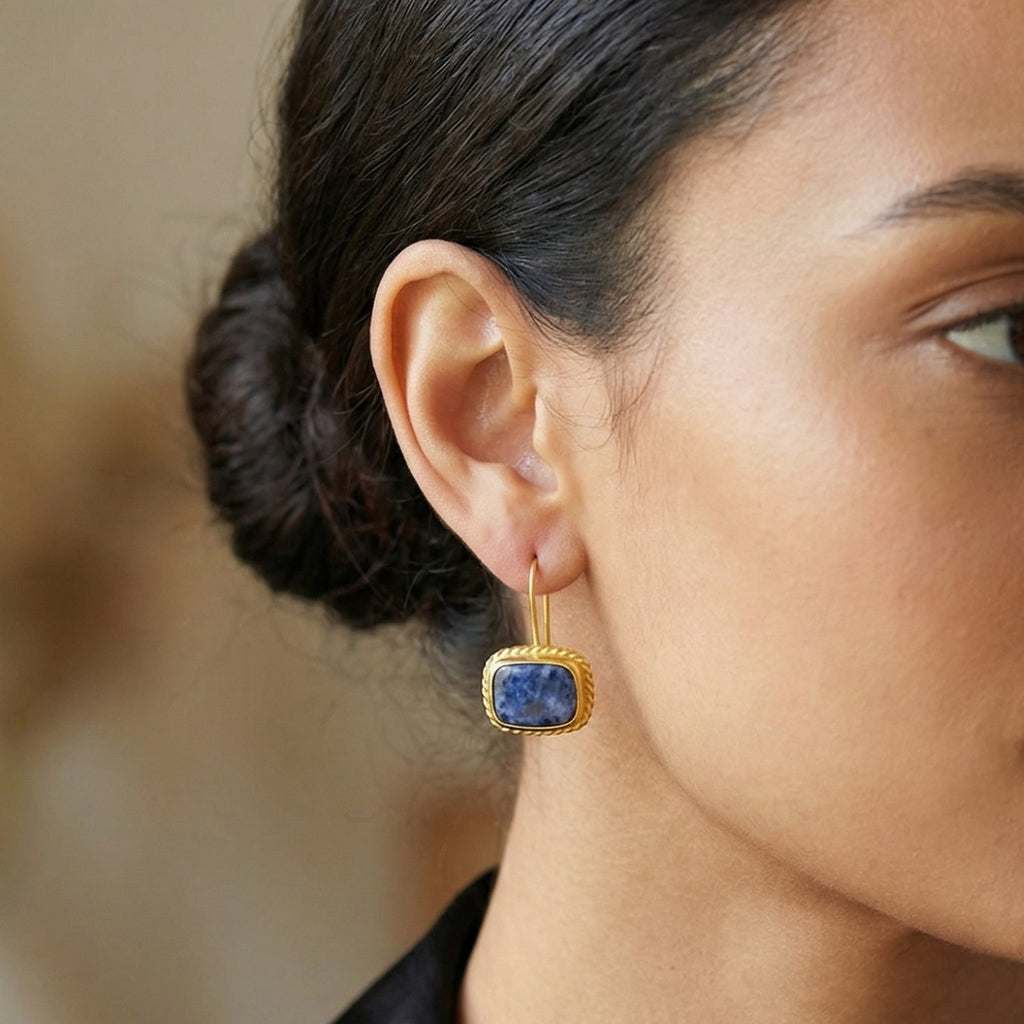 Designer handmade sodalite dangle earrings in 925 silver with 24k gold plating, Ancient Roman inspired Turkish jewelry gift by Sultan