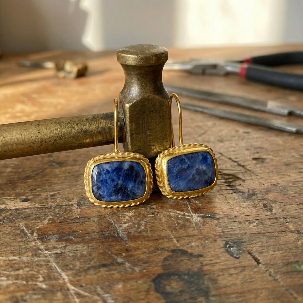 
Sodalite gemstone earrings in 925 sterling silver with gold plating, handcrafted Turkish artisan jewelry by designer Sultan Bodrum