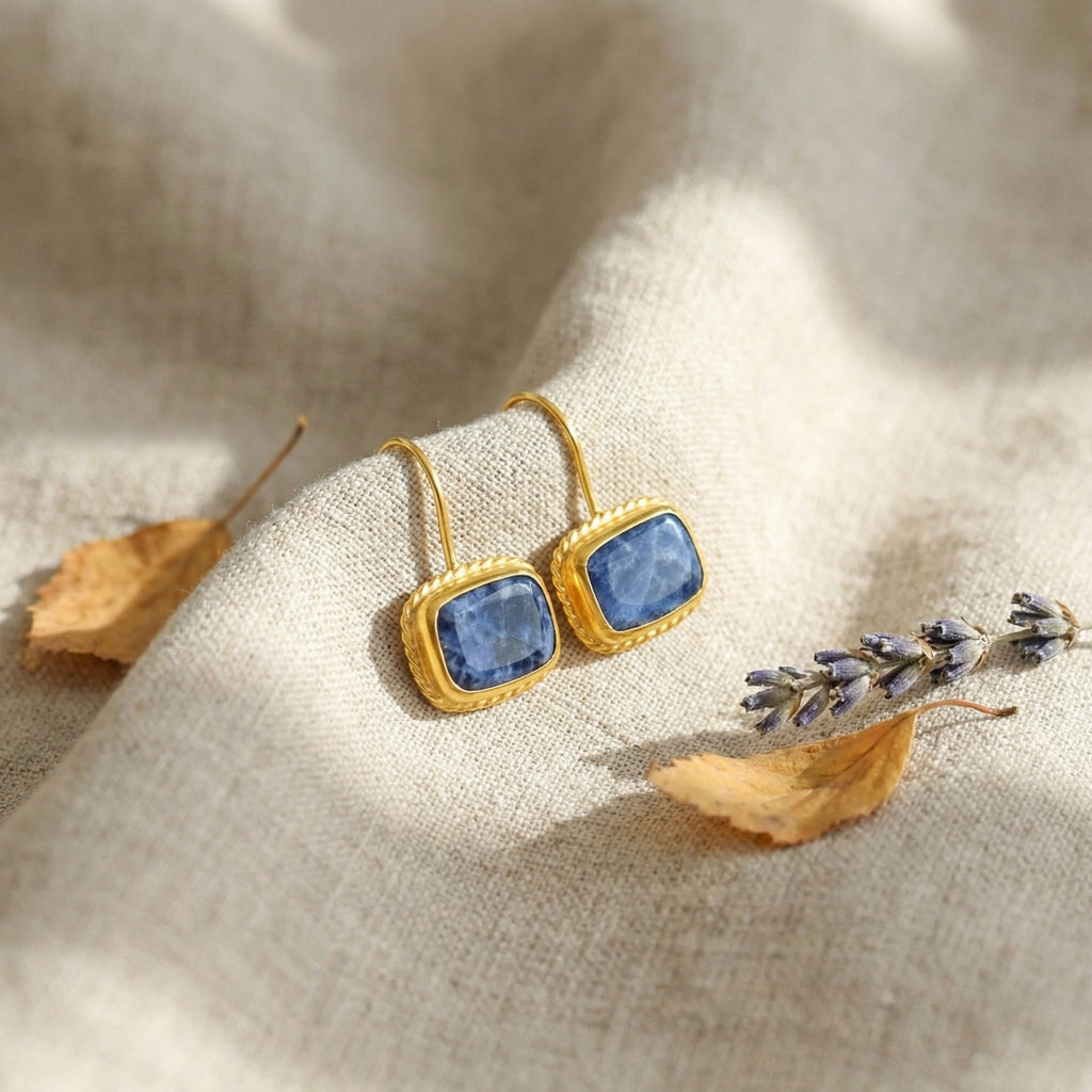 Statement sodalite dangle earrings in 925 sterling silver, handcrafted artisan Turkish jewelry gift symbolizing clarity by Sultan

