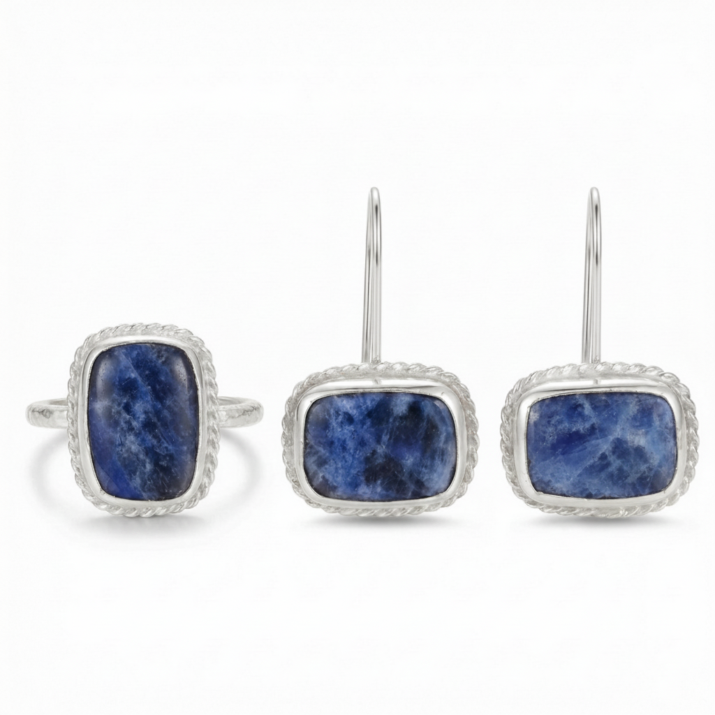 Turkish sodalite earrings in 925 sterling silver with ancient Roman inspired design, handcrafted artisan jewelry by Sultan Bodrum symbolizing intuition and truth