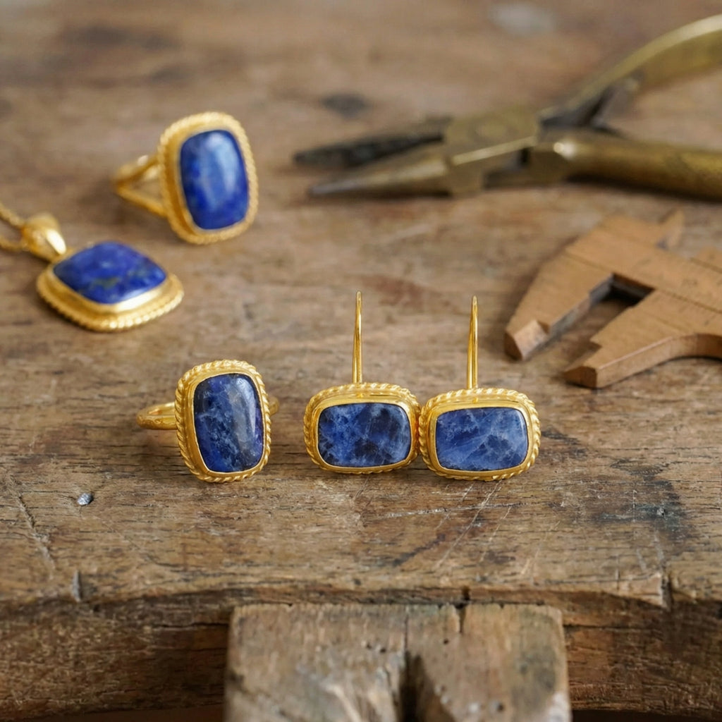 Sodalite gemstone earrings in 925 sterling silver with gold plating, handcrafted Turkish artisan jewelry by designer Sultan Bodrum
