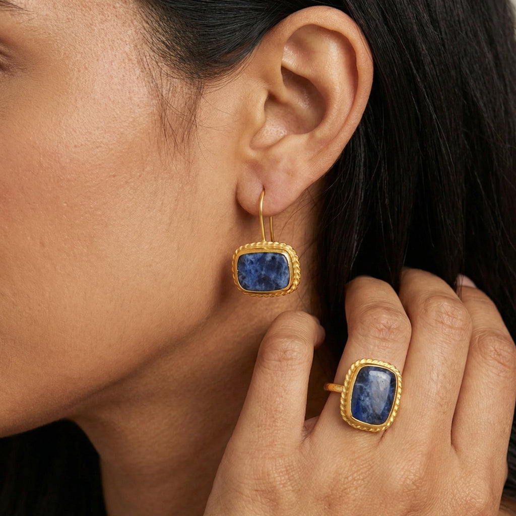 Designer handmade sodalite dangle earrings in 925 silver with 24k gold plating, Ancient Roman inspired Turkish jewelry gift by Sultan