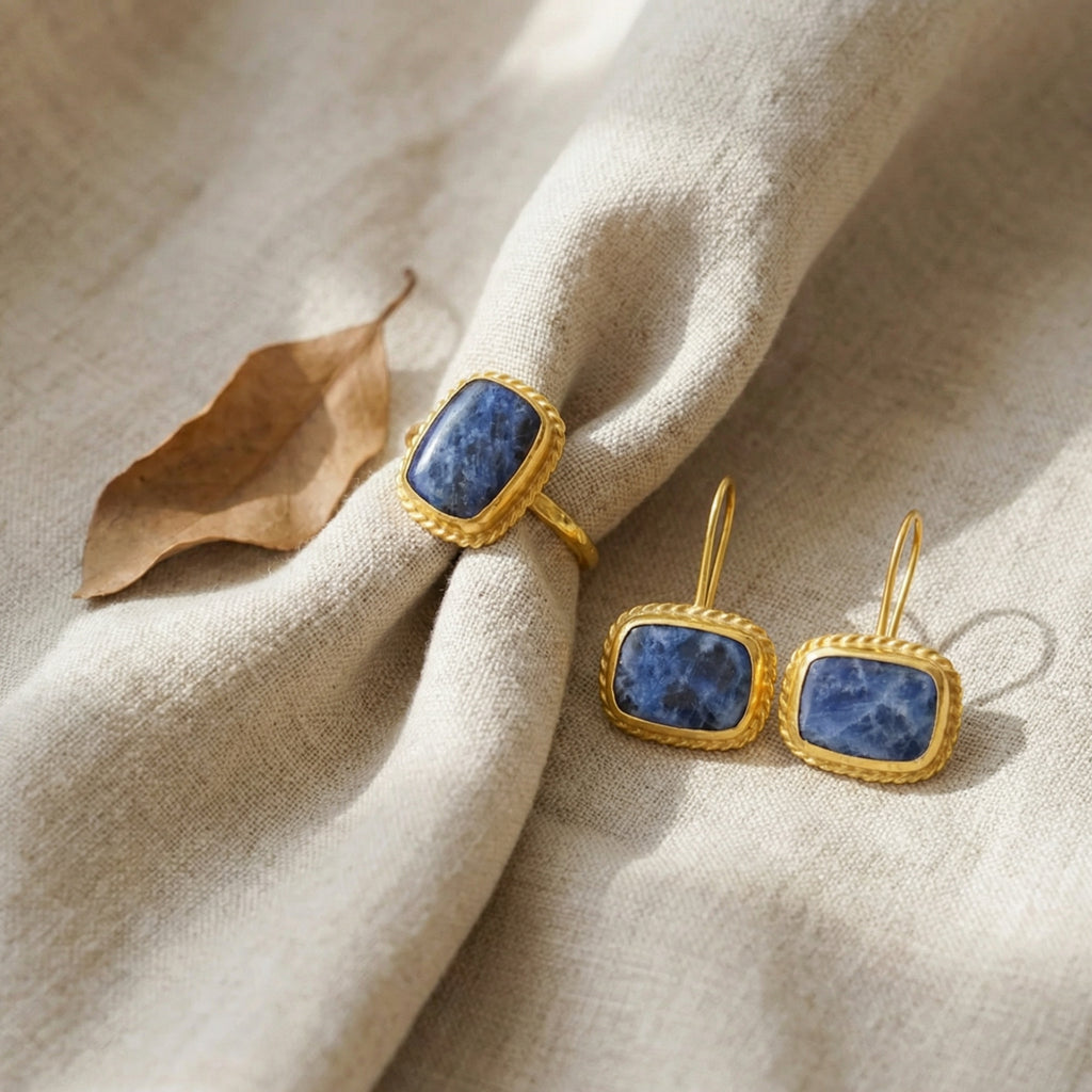 Statement sodalite dangle earrings in 925 sterling silver, handcrafted artisan Turkish jewelry gift symbolizing truth by Sultan
