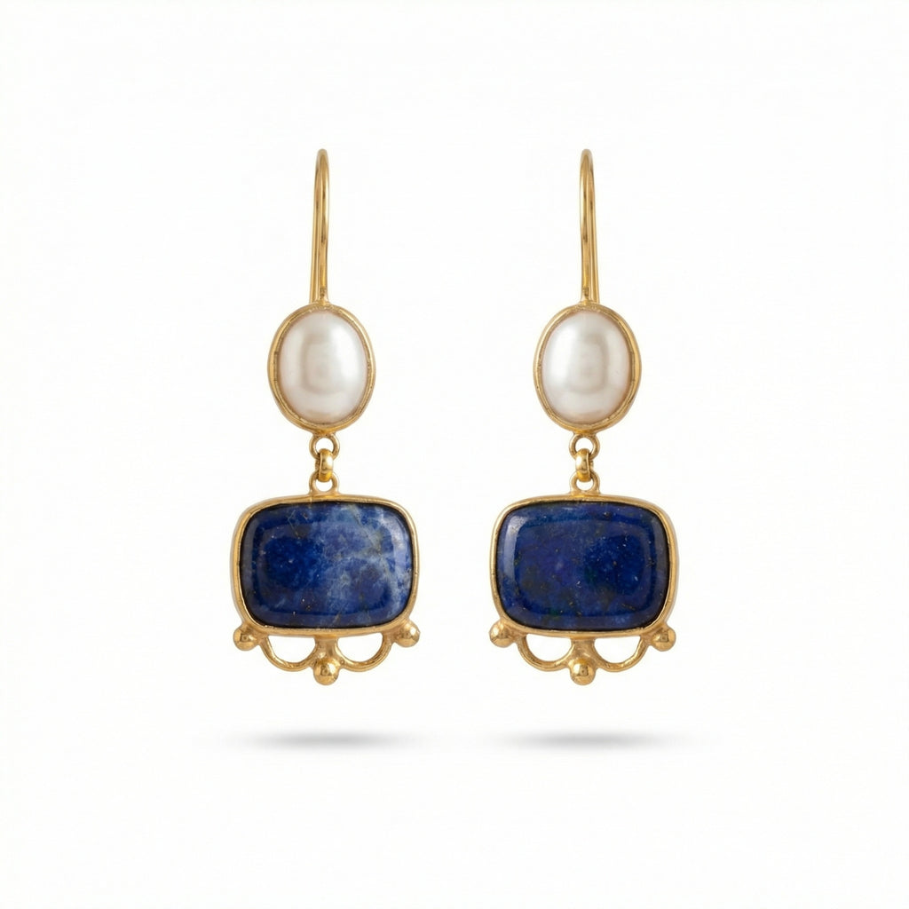 Handmade sodalite and pearl dangle earrings in 925 sterling silver with gold plating, artisan jewelry by Sultan Yilmaz Bodrum featuring natural gemstones
