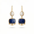 Handmade sodalite and pearl dangle earrings in 925 sterling silver with gold plating, artisan jewelry by Sultan Yilmaz Bodrum featuring natural gemstones
