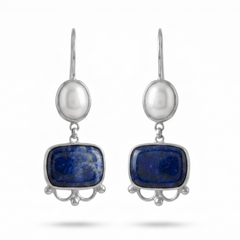 Turkish sodalite pearl earrings in 925 sterling silver with ancient inspired design, handcrafted artisan jewelry by Sultan Bodrum symbolizing intuition and wisdom