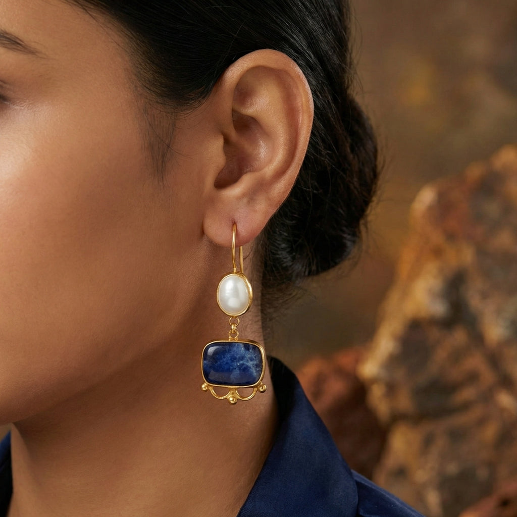 Designer handmade sodalite and pearl dangle earrings in 925 silver with 24k gold plating, Turkish jewelry gift by Sultan
