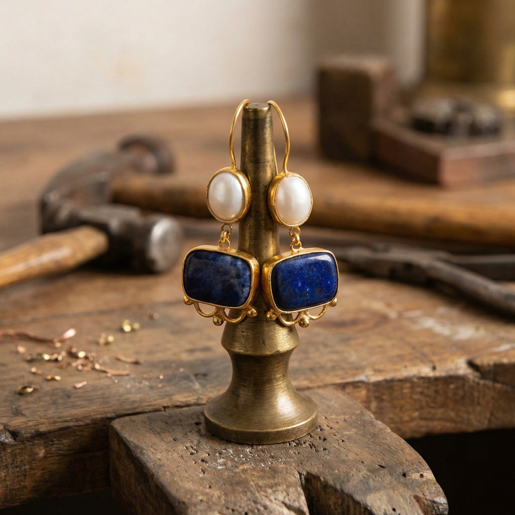 Sodalite and pearl gemstone earrings in 925 sterling silver with gold plating, handcrafted Turkish artisan jewelry by designer Sultan Bodrum