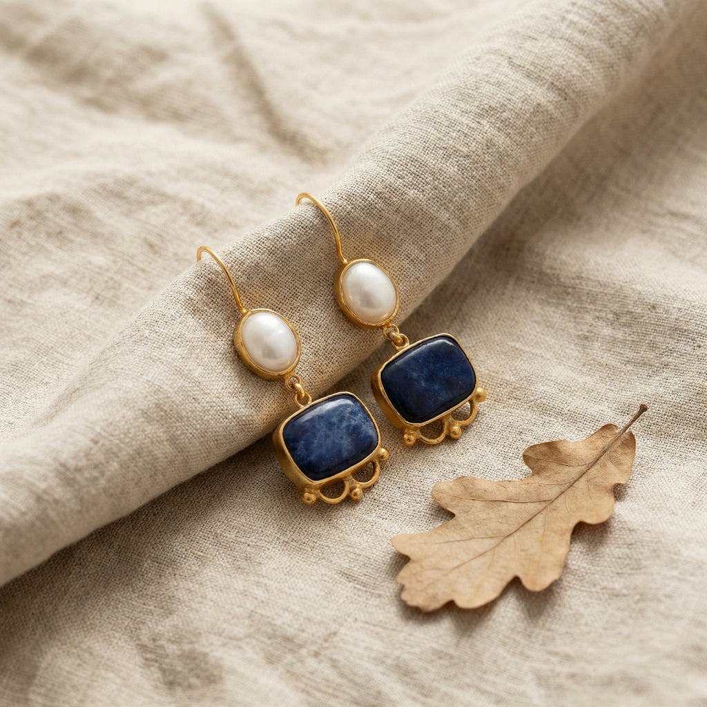 Statement sodalite pearl dangle earrings in 925 sterling silver, handcrafted artisan Turkish jewelry gift symbolizing wisdom by Sultan
