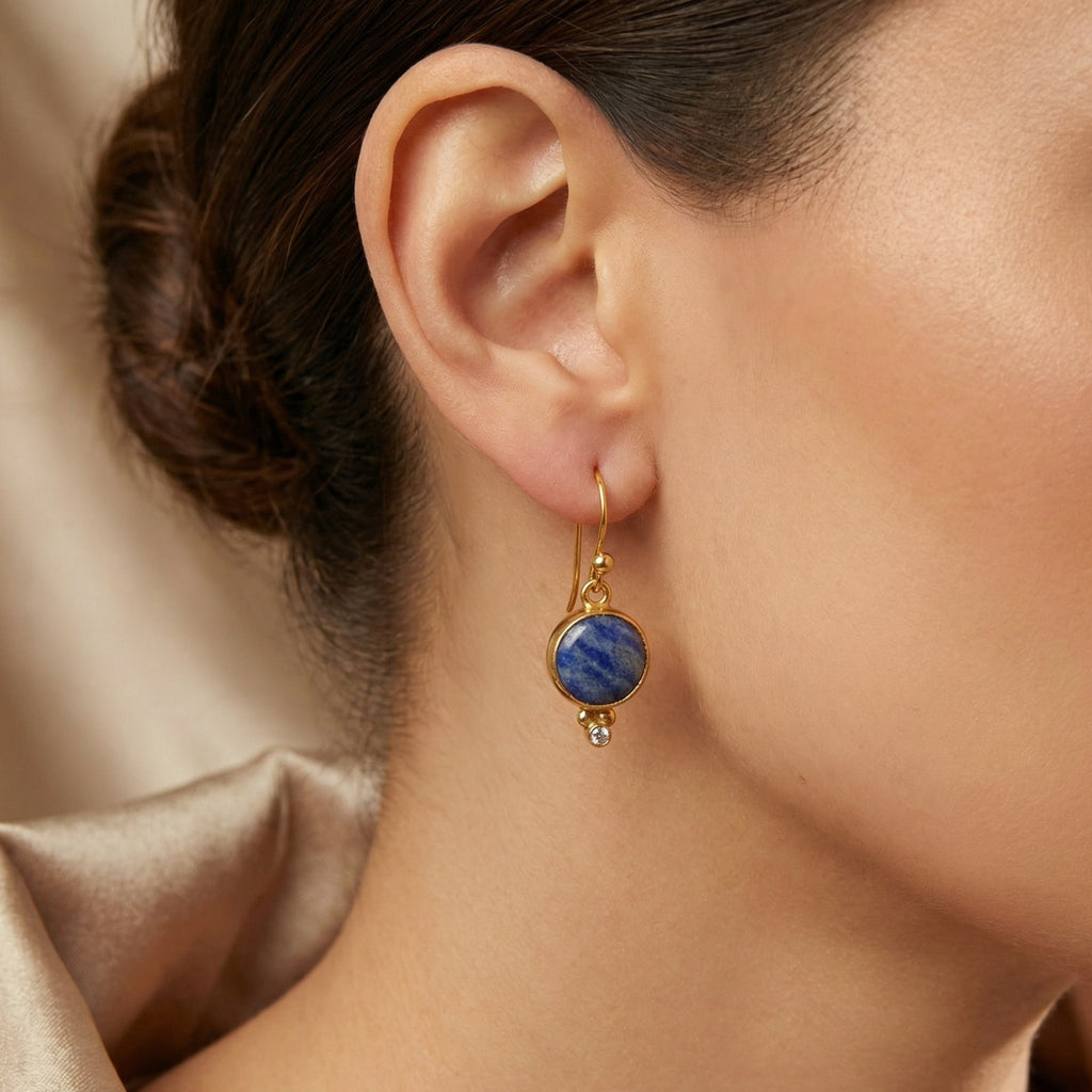 Designer handmade sodalite dangle earrings in 925 silver with 24k gold plating, Ancient Greek inspired Turkish jewelry gift by Sultan