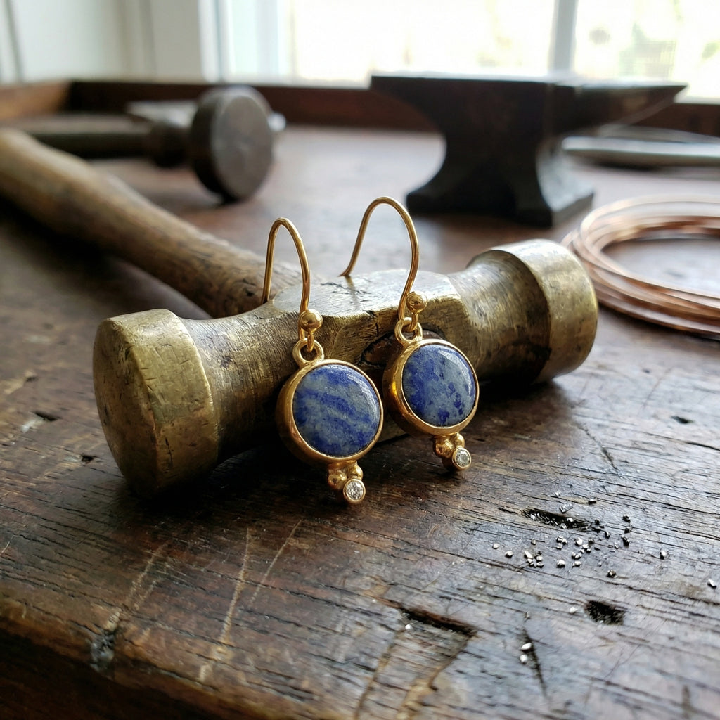 Sodalite gemstone earrings in 925 sterling silver with gold plating, handcrafted Turkish artisan jewelry by designer Sultan Bodrum
