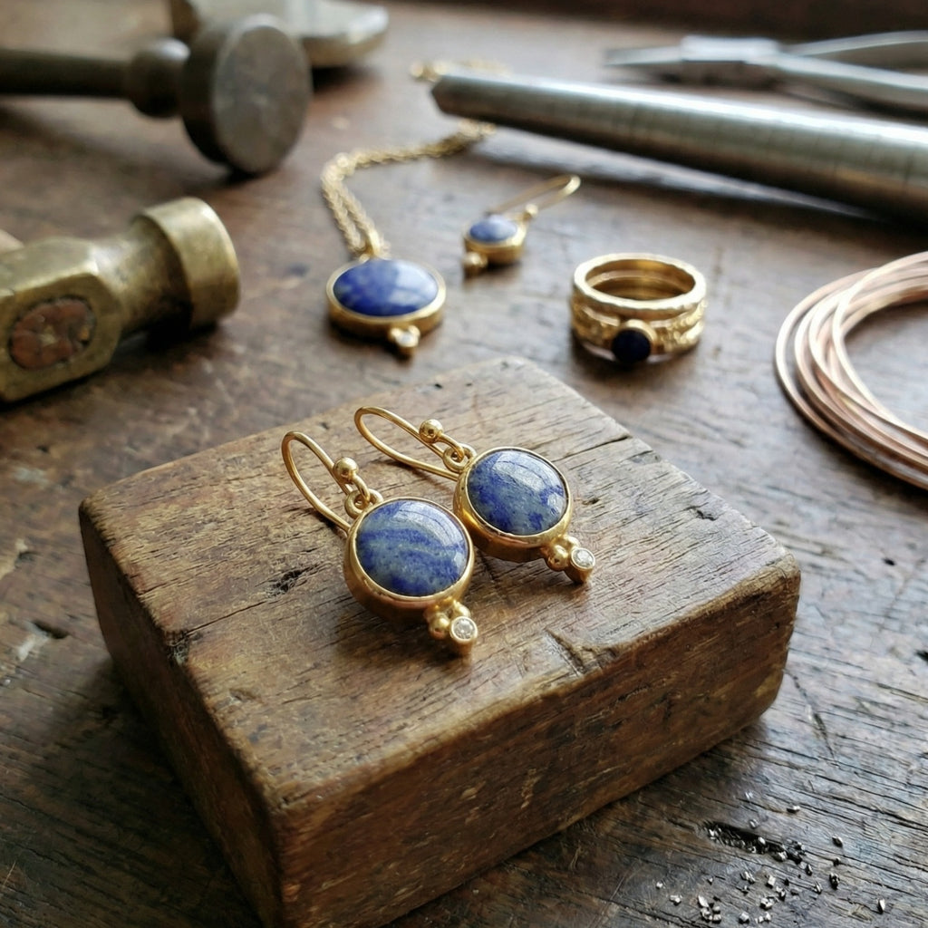 Statement sodalite dangle earrings in 925 sterling silver, handcrafted artisan Turkish jewelry gift symbolizing intuition by Sultan

