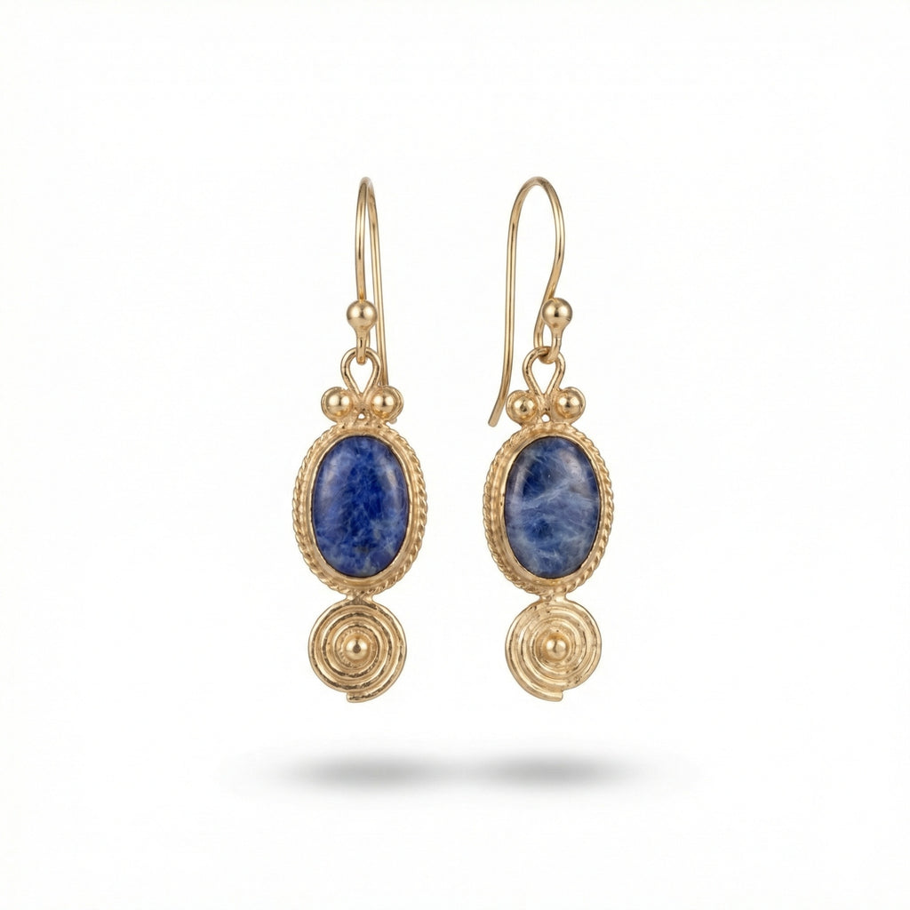 Handmade sodalite drop earrings in 925 sterling silver with gold plating, artisan jewelry by Sultan Yilmaz Bodrum featuring natural blue gemstones

