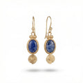 Handmade sodalite drop earrings in 925 sterling silver with gold plating, artisan jewelry by Sultan Yilmaz Bodrum featuring natural blue gemstones
