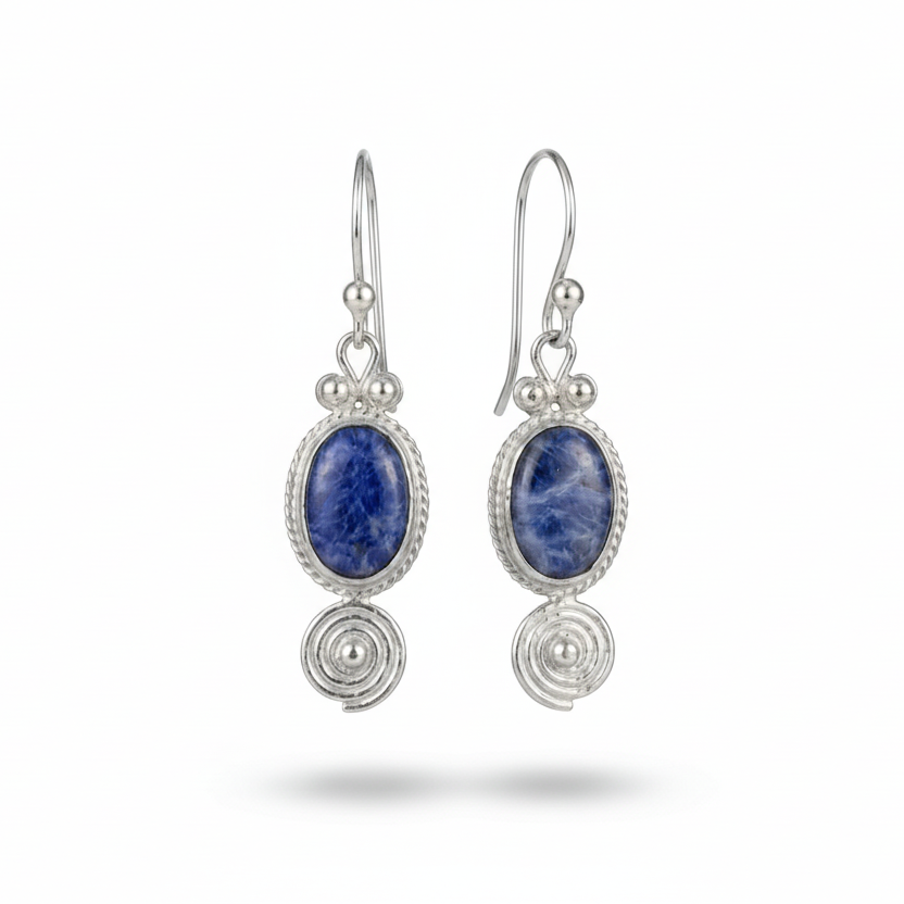 Turkish sodalite drop earrings in 925 sterling silver with ancient Roman inspired design, handcrafted artisan jewelry by Sultan Bodrum symbolizing inner peace