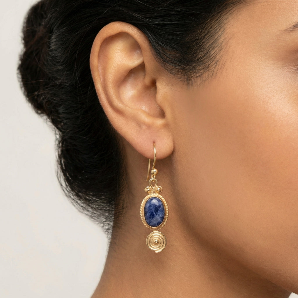 Designer handmade sodalite drop earrings in 925 silver with 24k gold plating, Ancient Greek inspired Turkish jewelry gift by Sultan
