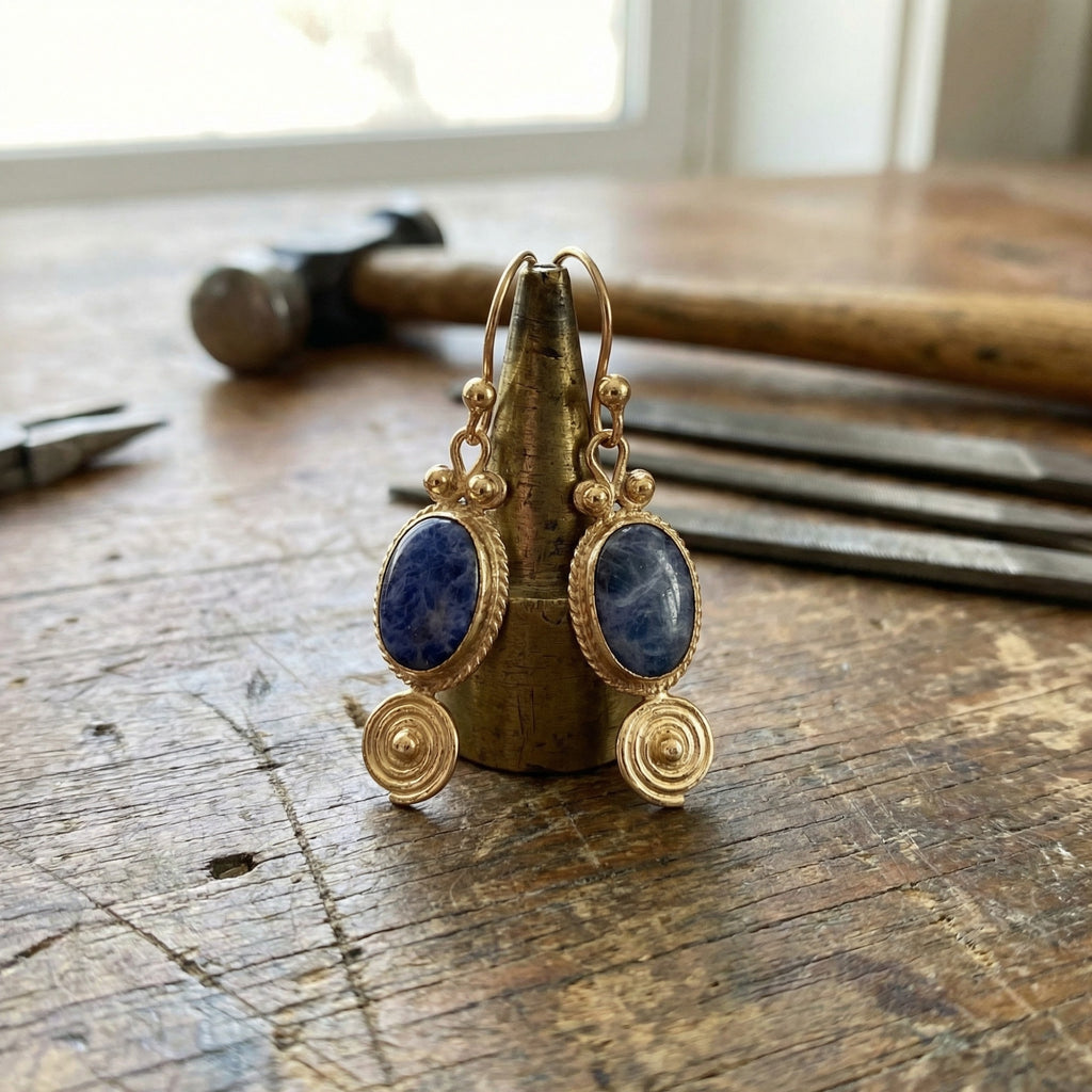 Sodalite gemstone drop earrings in 925 sterling silver with gold plating, handcrafted Turkish artisan jewelry by designer Sultan Bodrum
