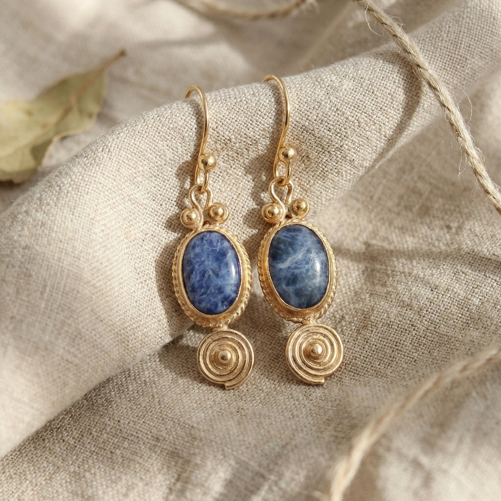 Statement sodalite drop earrings in 925 sterling silver, handcrafted artisan Turkish jewelry gift symbolizing intuition by Sultan
