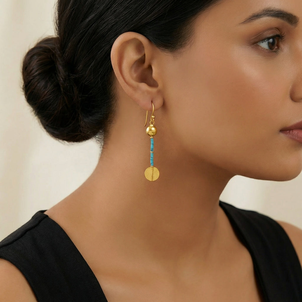 Handmade turquoise bead earrings with Hesihi beads, artisan Turkish jewelry crafted in Bodrum atelier by Sultan
