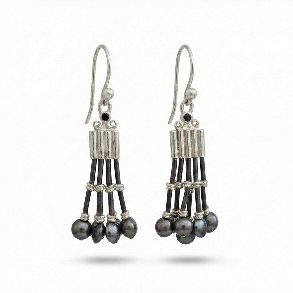 
925 silver Elegant dangle earrings with natural black onyx stones and Troy-inspired silver beads, timeless Turkish artisan craftsmanship