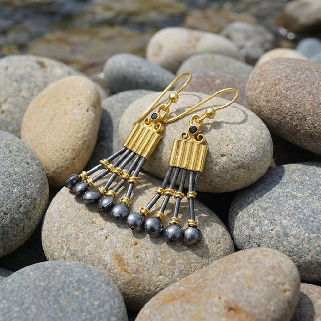 Turkish black onyx Troy-style dangle earrings in 925 sterling silver with oxidized finish, designed by Sultan in Bodrum, Turkey