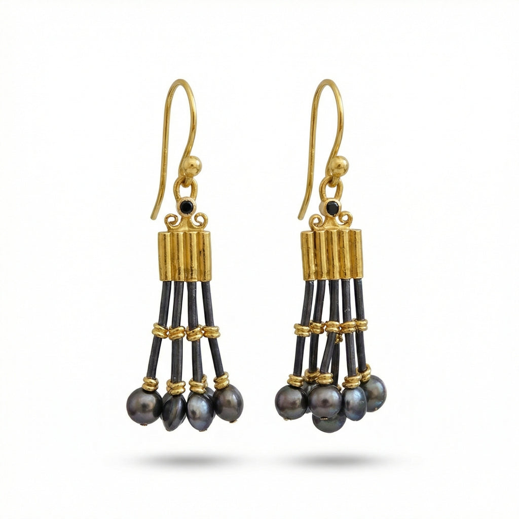 Handcrafted black onyx Troy-style dangle earrings in 925 sterling silver with oxidized finish, designed by Sultan in Bodrum, Turkey
