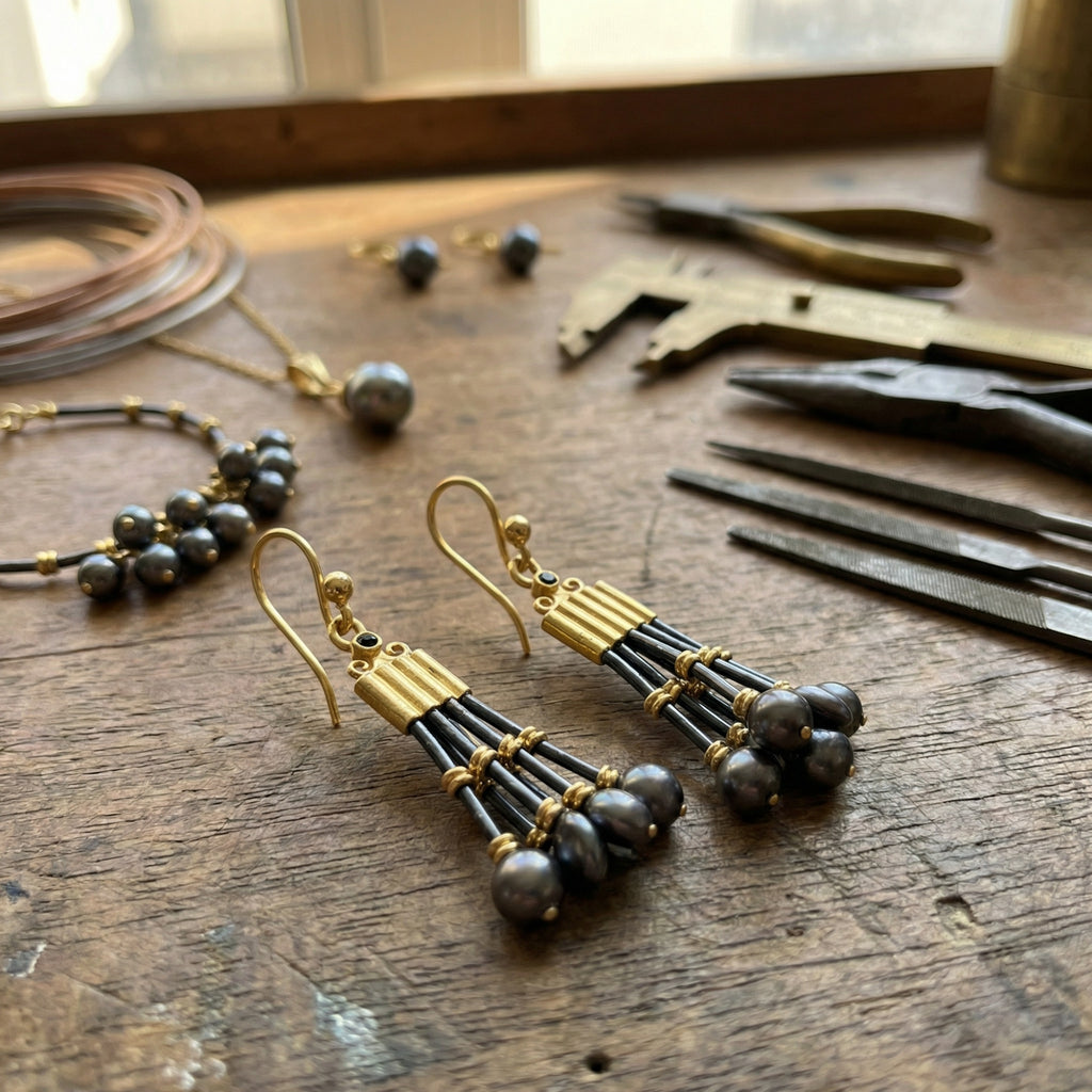 Close-up of black onyx gemstone Troy earrings with oxidized silver beads, handmade designer jewelry from AtelierSultan Bodrum