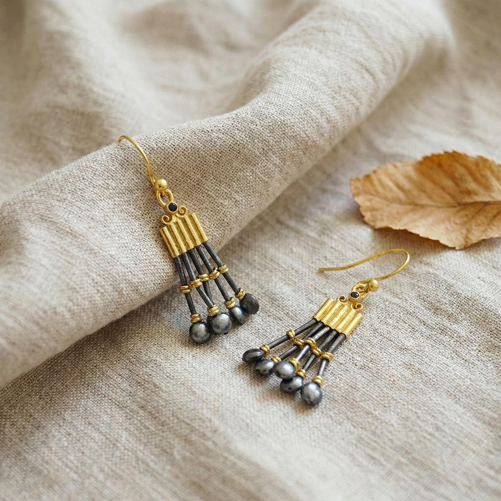 artisan black onyx Troy-style dangle earrings in 925 sterling silver with oxidized finish, designed by Sultan in Bodrum, Turkey