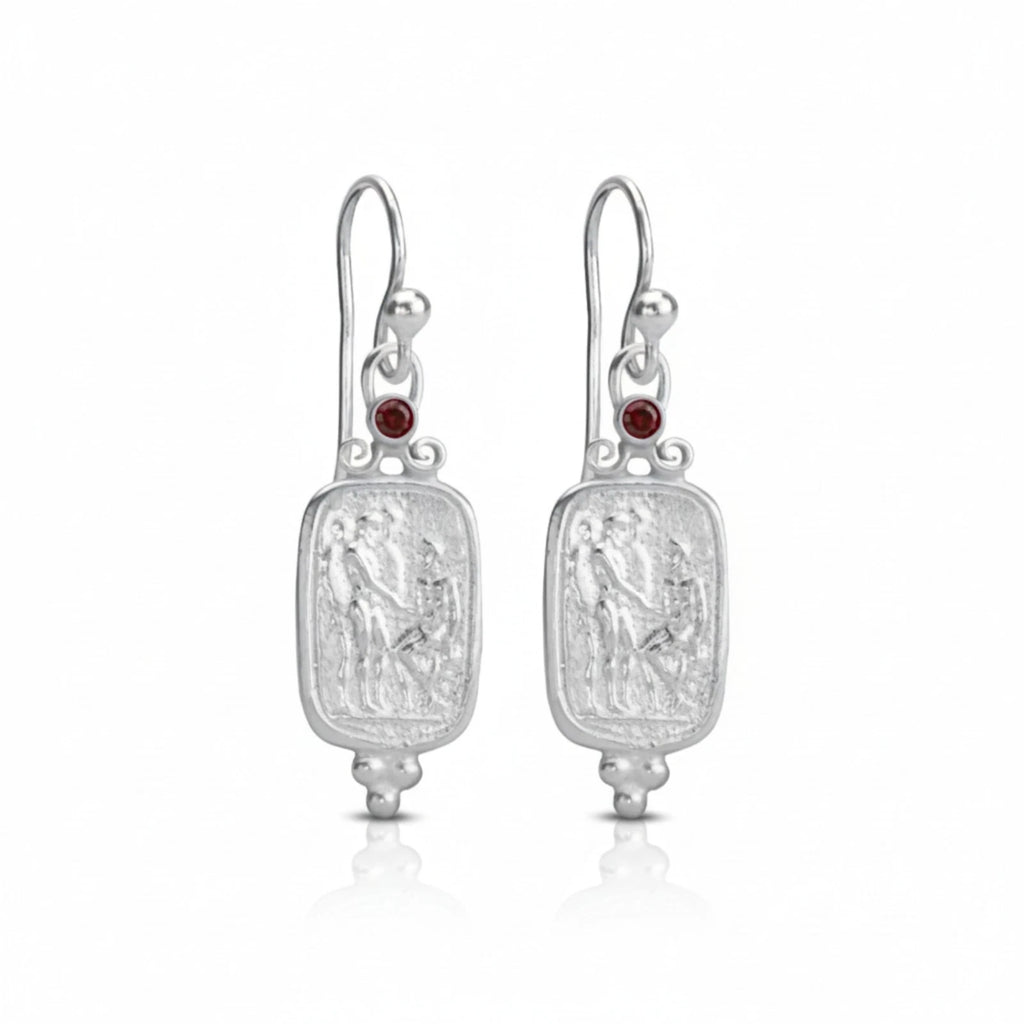 garnet coin dangle earrings in 925 sterling silver with natural red gemstone handcrafted by Turkish designer Sultan in Bodrum
