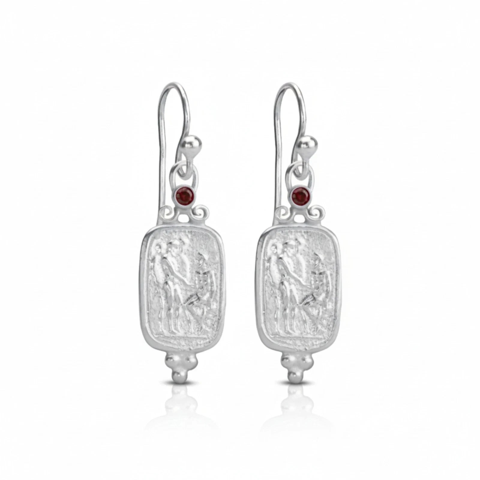garnet coin dangle earrings in 925 sterling silver with natural red gemstone handcrafted by Turkish designer Sultan in Bodrum
