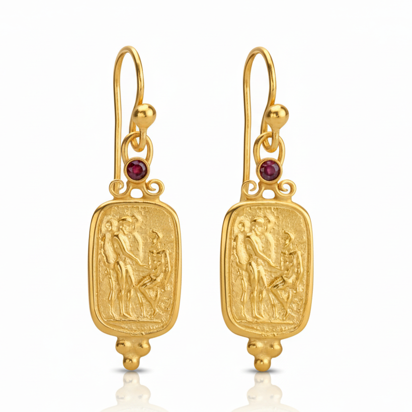 Close-up of garnet coin earrings showing ancient Roman-inspired design with natural red garnet stone, 925 silver Turkish jewelry
