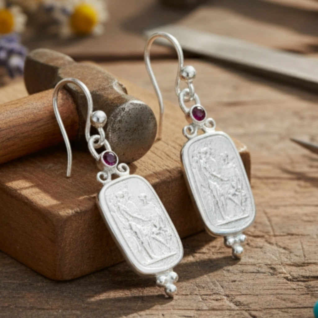 Elegant garnet coin dangle earrings, perfect gift for her, handcrafted in Bodrum atelier with ancient symbolism