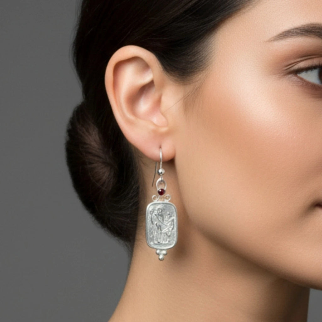 Designer garnet coin earrings, 925 silver Turkish jewelry by AtelierSultan Bodrum, symbol of protection and vitality
