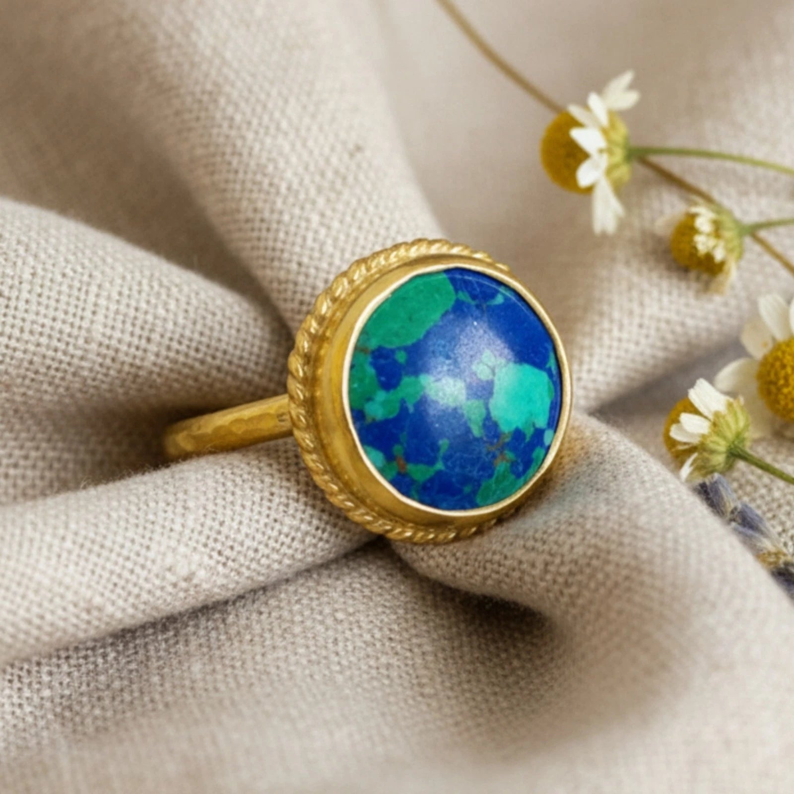 Gold turquoise ring with white topaz stones, handcrafted 925 sterling silver, perfect gift from Bodrum