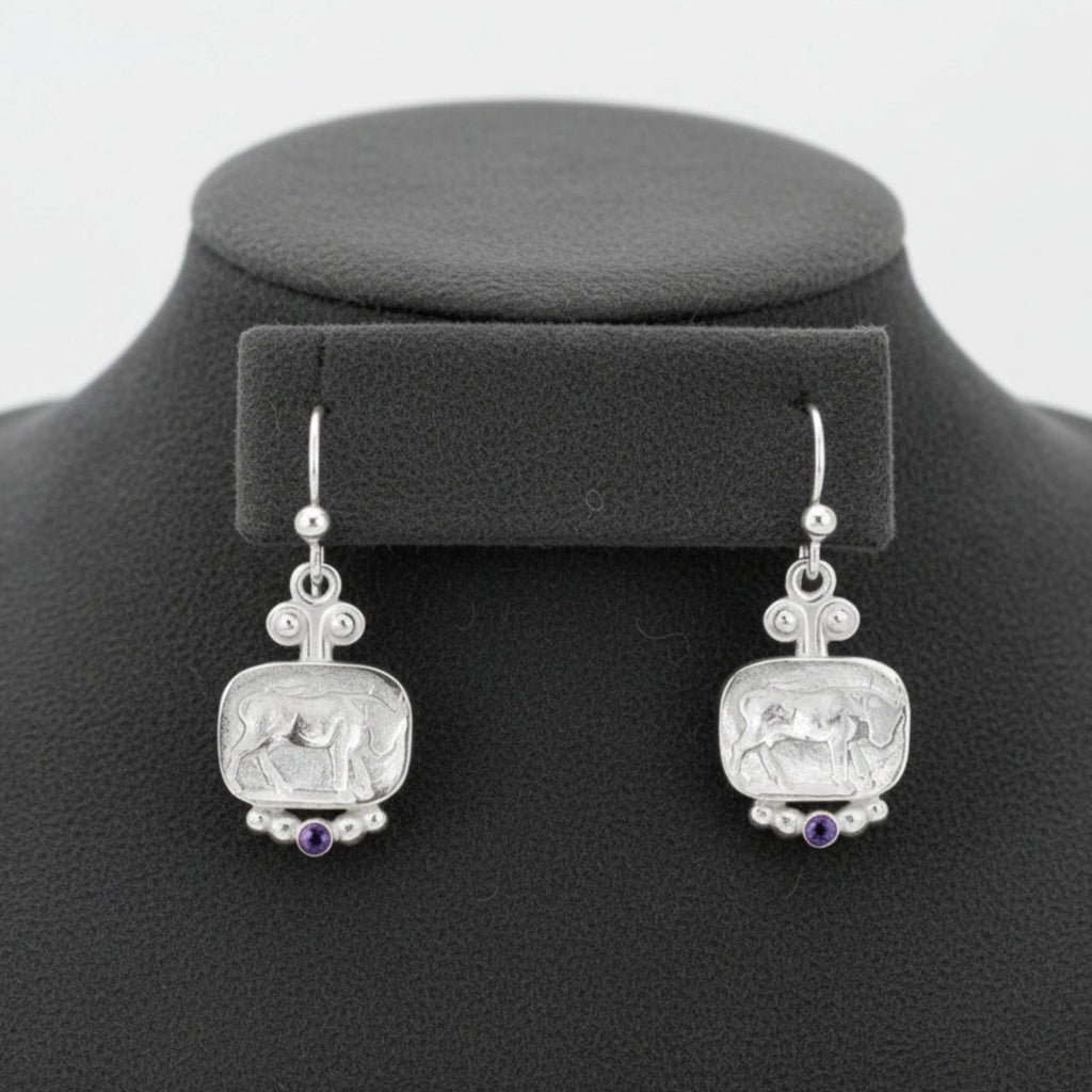  Silver bull coin drop earrings with amethyst stone, handmade Turkish jewelry from Bodrum, symbol of strength

