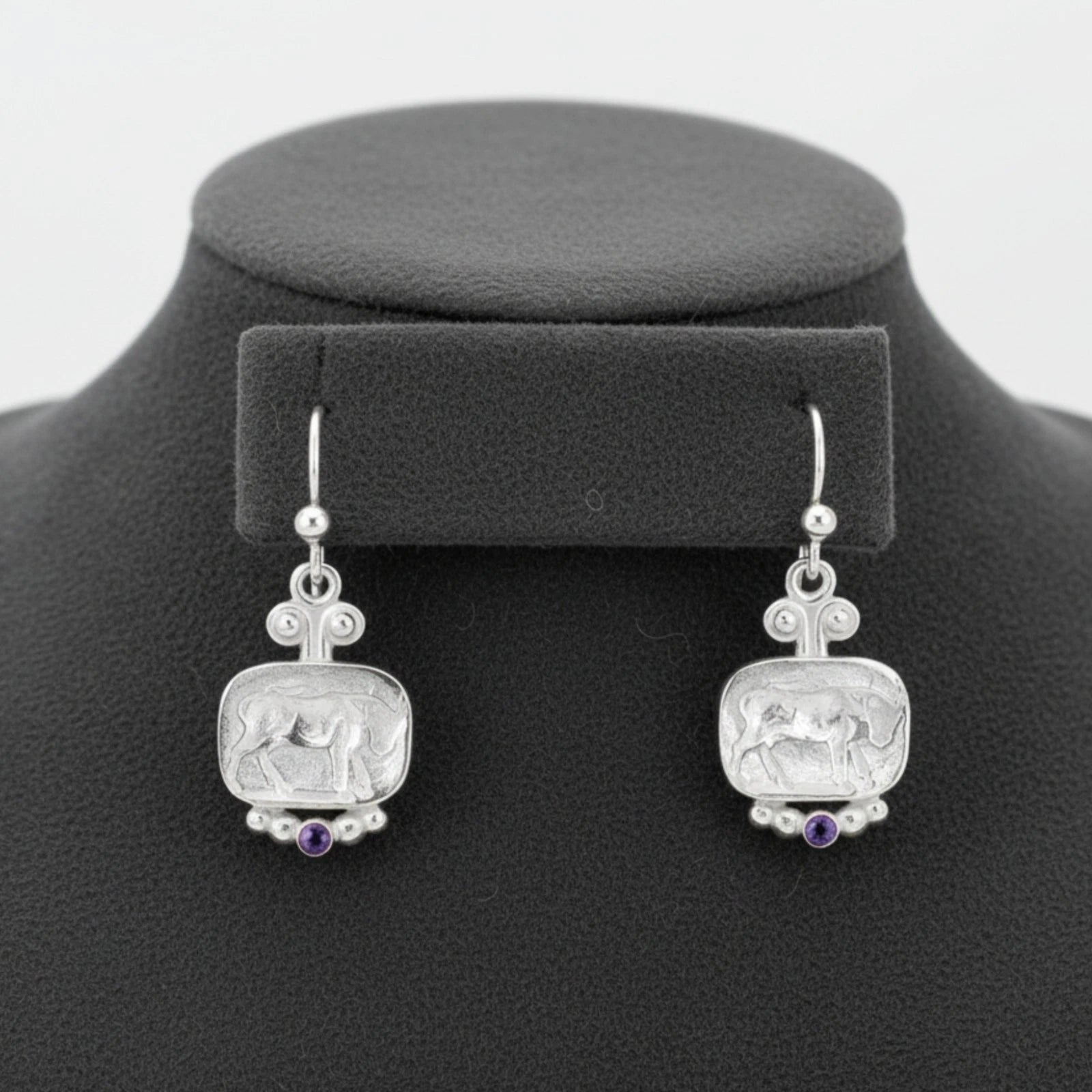  Silver bull coin drop earrings with amethyst stone, handmade Turkish jewelry from Bodrum, symbol of strength
