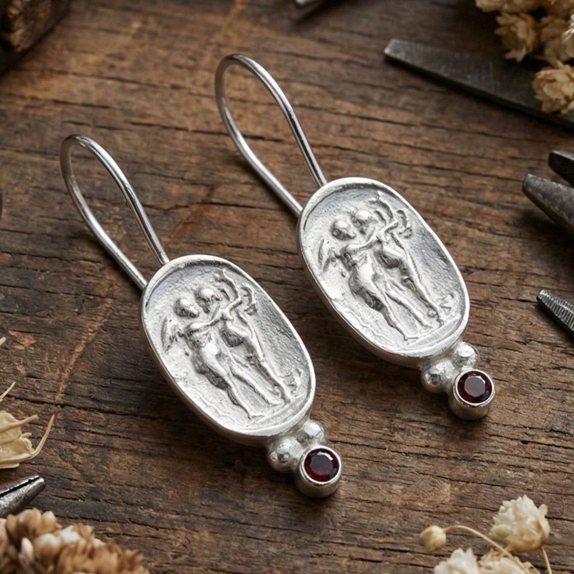 Turkish artisan Roman coin earrings, 925 sterling silver with antique patina, timeless handmade design
