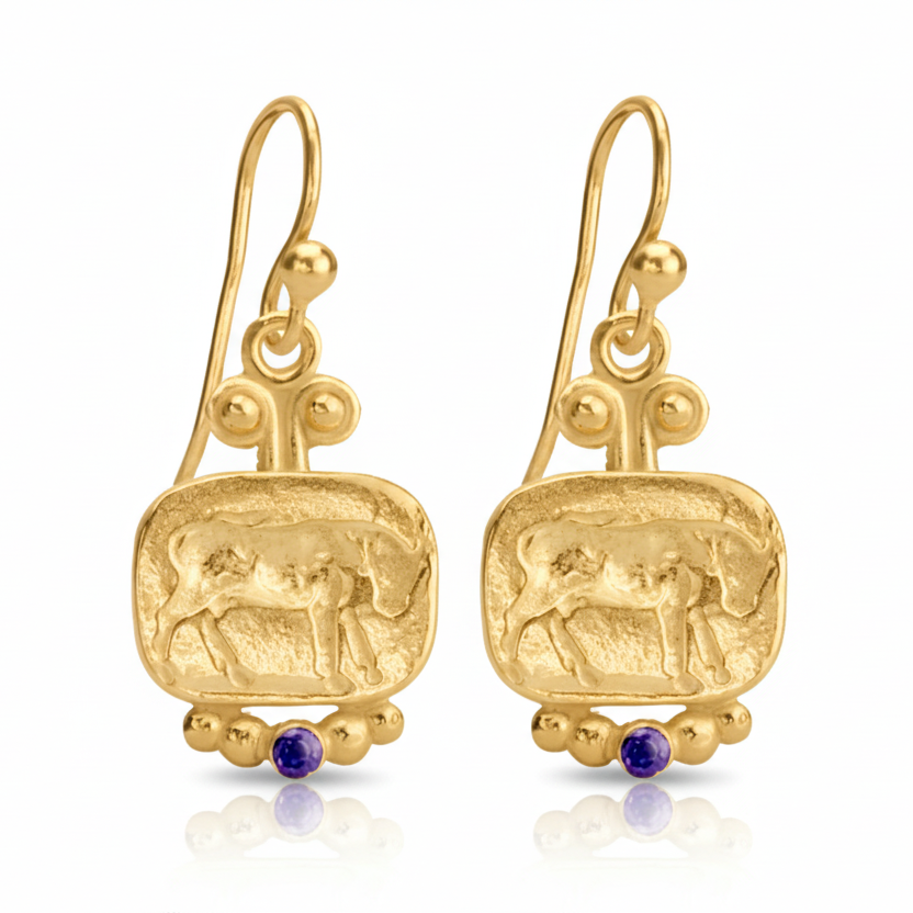  Handmade gold plated bull coin earrings with amethyst, 925 sterling silver, Turkish jewelry by Sultan Yılmaz

