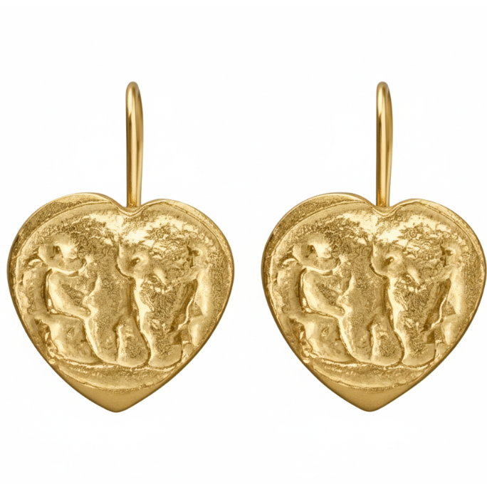 Handmade heart coin earrings with gold plating showing artisan craftsmanship and vintage coin design
