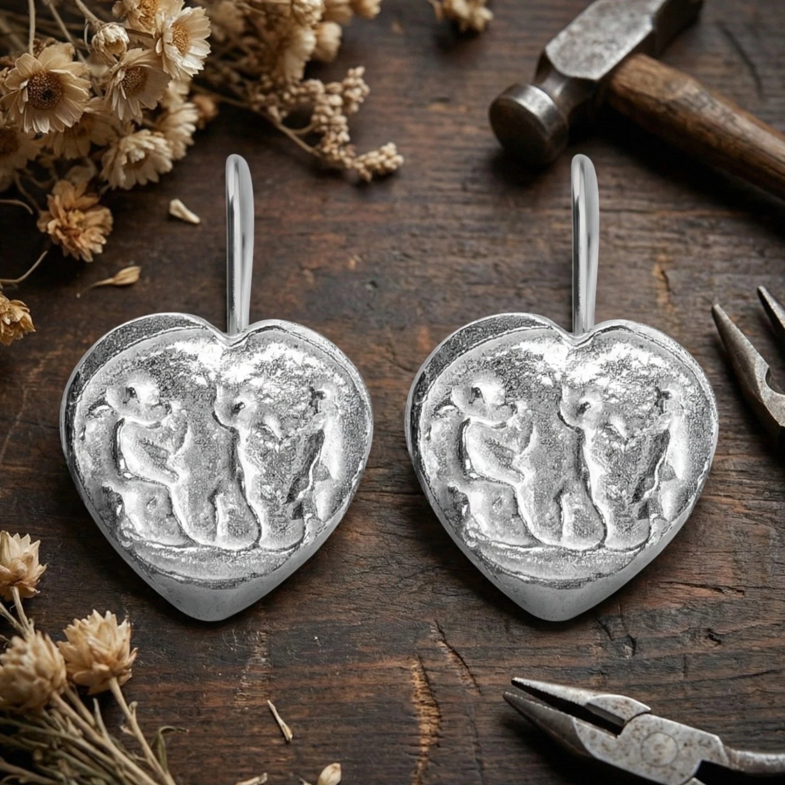 Designer heart coin earrings, 925 silver Turkish jewelry by AtelierSultan Bodrum, symbol of love and romance
