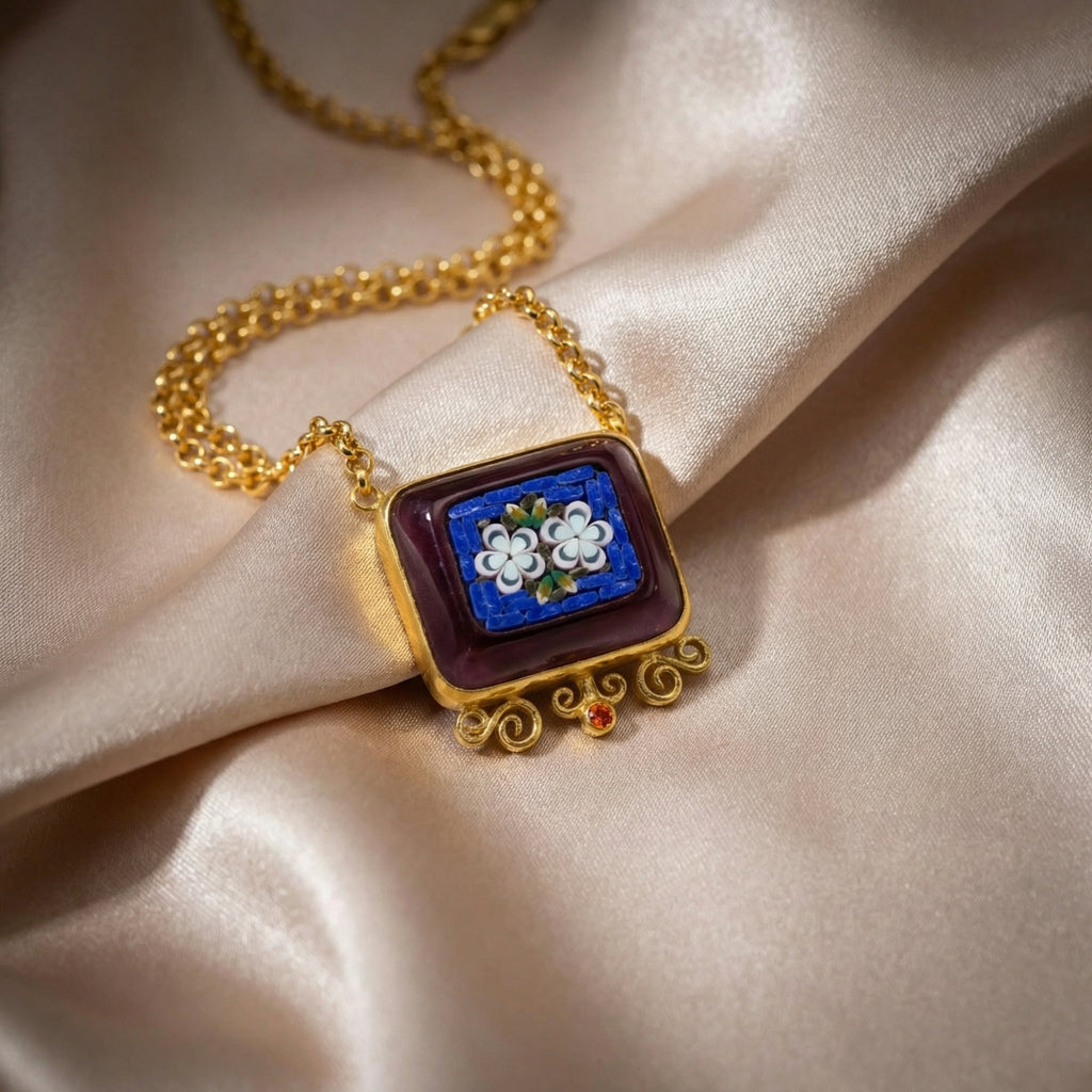 Elegant micro mosaic flower necklace, perfect gift for her, handcrafted in Bodrum atelier with traditional mosaic art