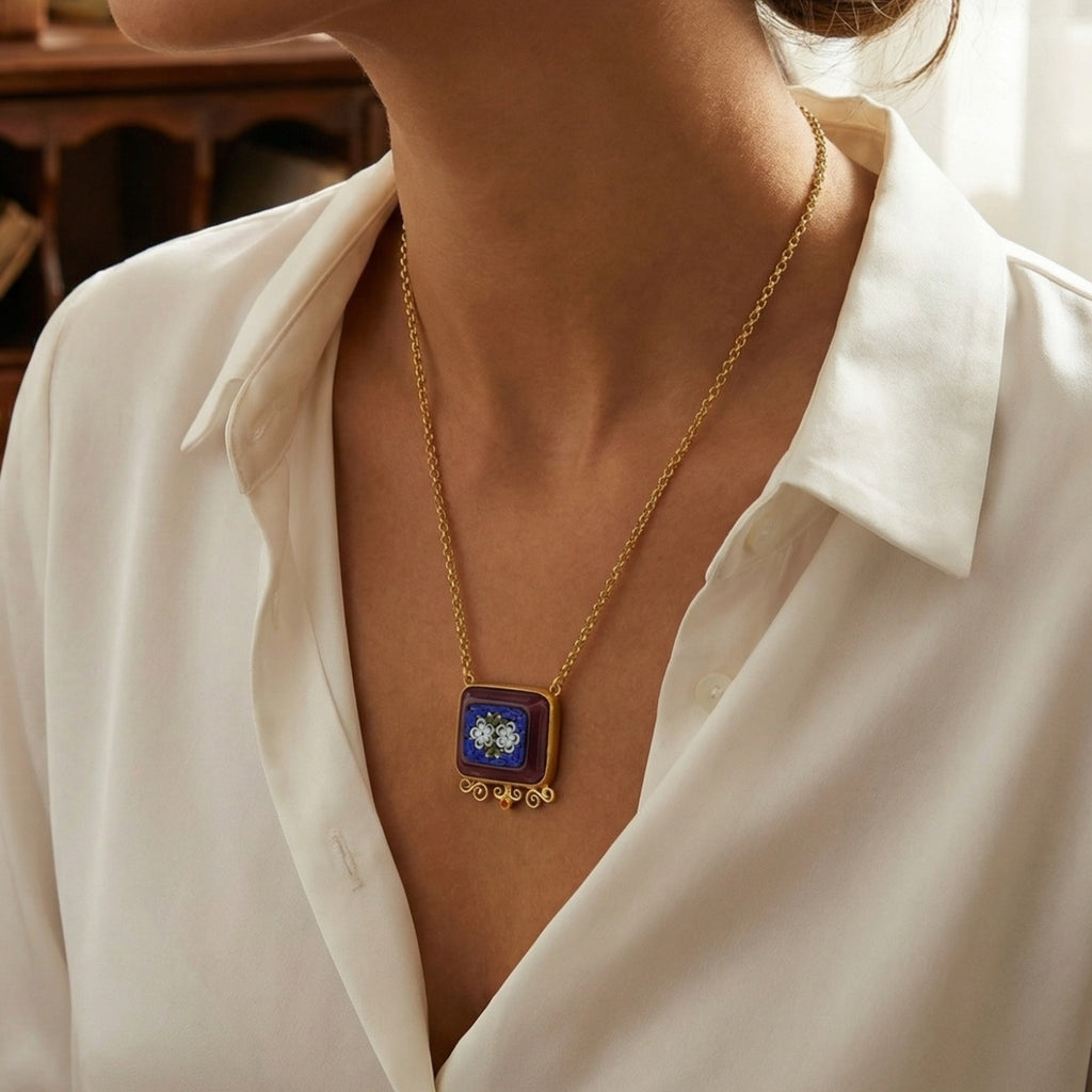 Close-up of micro mosaic flower necklace showing intricate artisan craftsmanship and colorful mosaic detail, Turkish jewelry