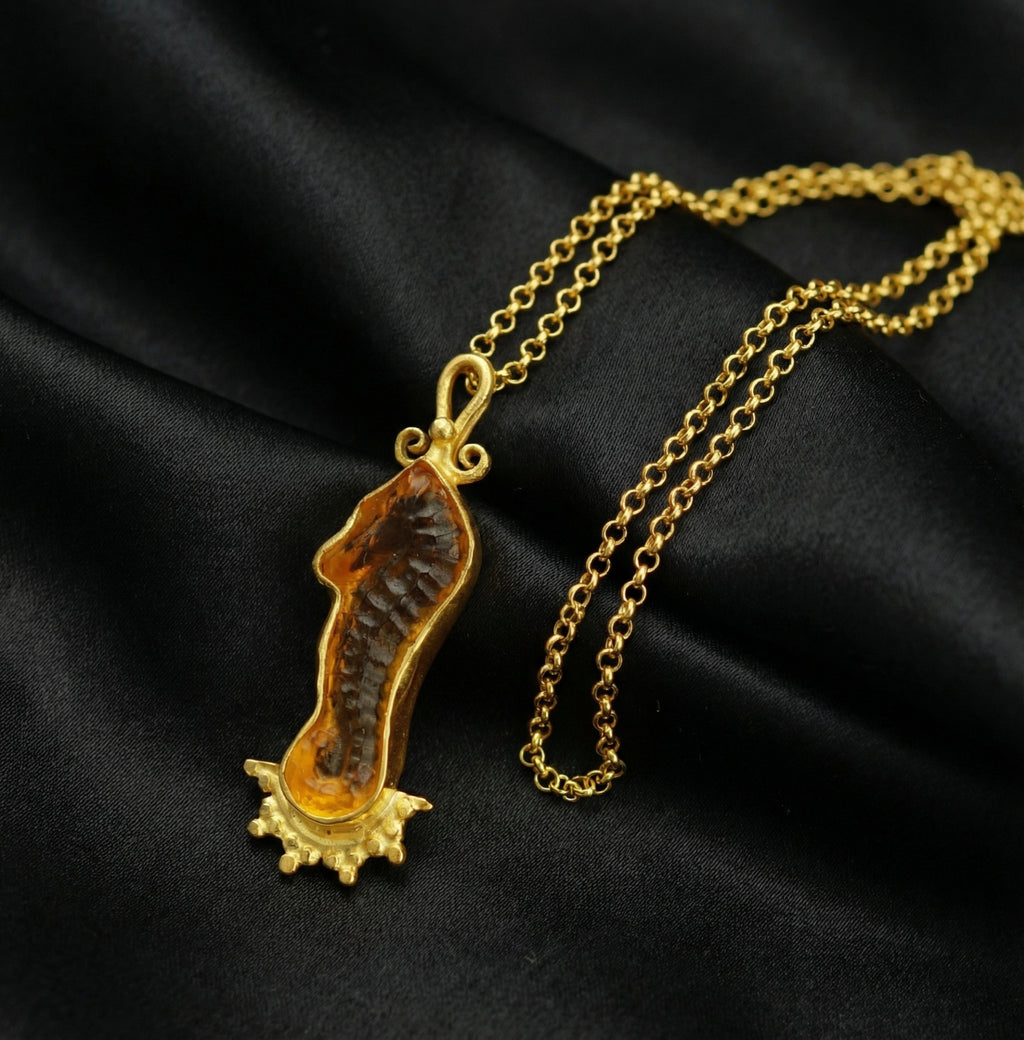Handmade sea horse intaglio pendant necklace in gold and silver, ancient inspired design, perfect gift for her, Turkish artisan jewelry from Bodrum