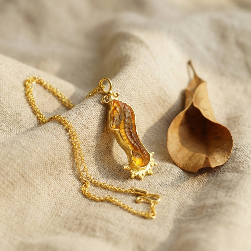 Sea horse intaglio gemstone necklace in 925 silver with gold plating, ancient symbol of strength, designer Turkish jewelry by Sultan Bodrum