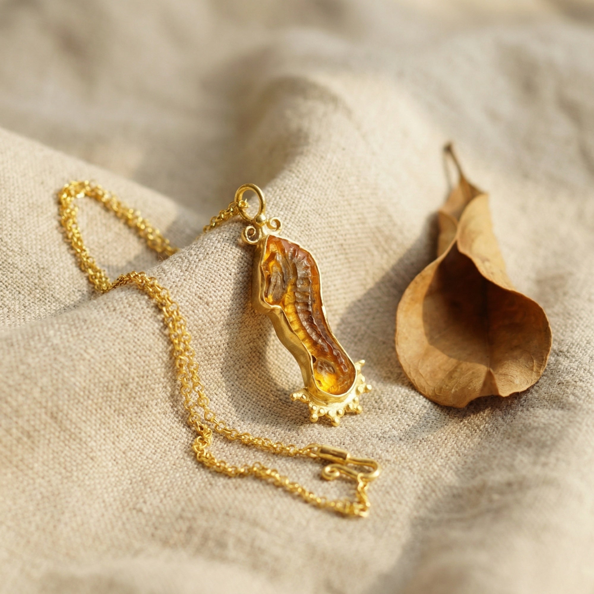 Sea horse intaglio gemstone necklace in 925 silver with gold plating, ancient symbol of strength, designer Turkish jewelry by Sultan Bodrum